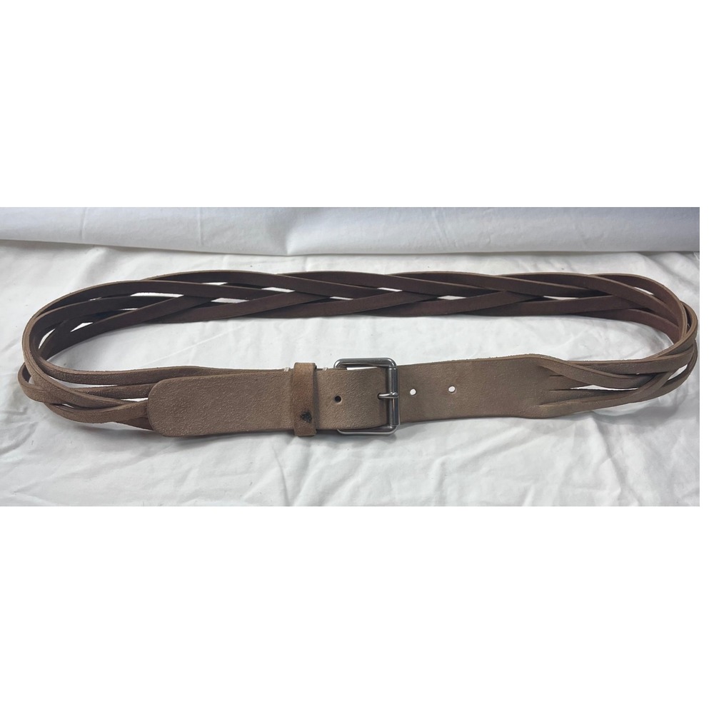 Old Navy Womens Tan Brown Braided Genuine Leather Belt Size L Silver Buckle